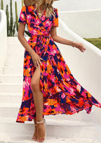 Madriana Robe Femme Maxi Florale – Col en V, Portefeuille, Fente, Ligne A Estivale