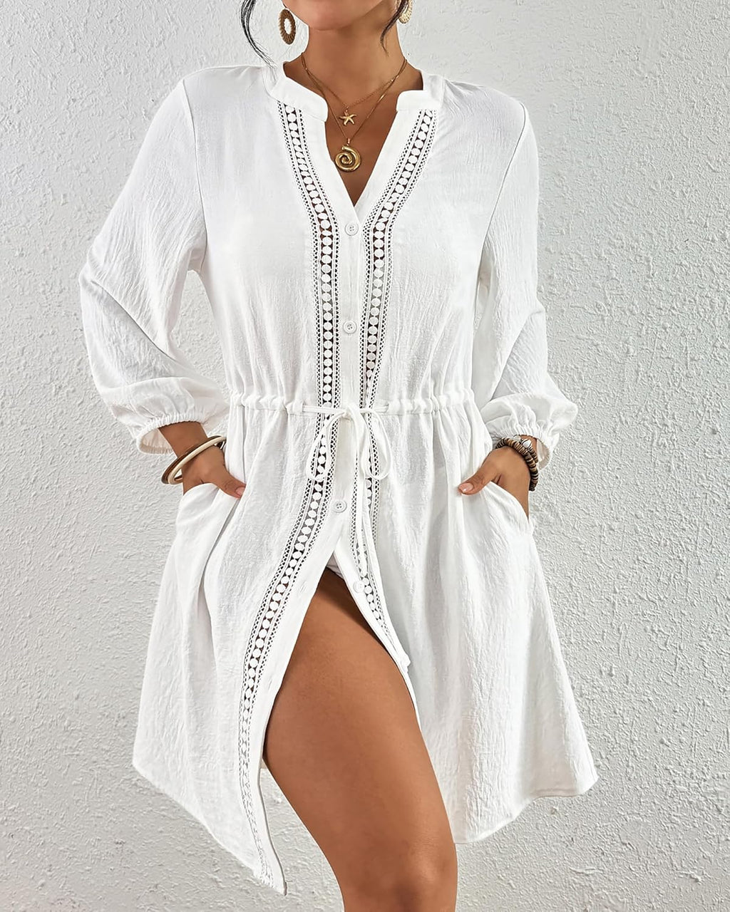 Elisa Robe de Plage Femme – Paréo Col V, Boutons, Cordon avec Poches