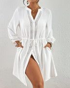 Elisa Robe de Plage Femme – Paréo Col V, Boutons, Cordon avec Poches