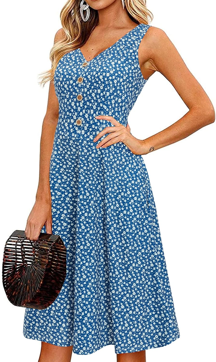Melany Robe Femme Midi Florale – Col V, Sans Manches, Poches Été