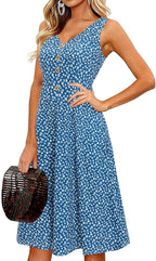 Melany Robe Femme Midi Florale – Col V, Sans Manches, Poches Été