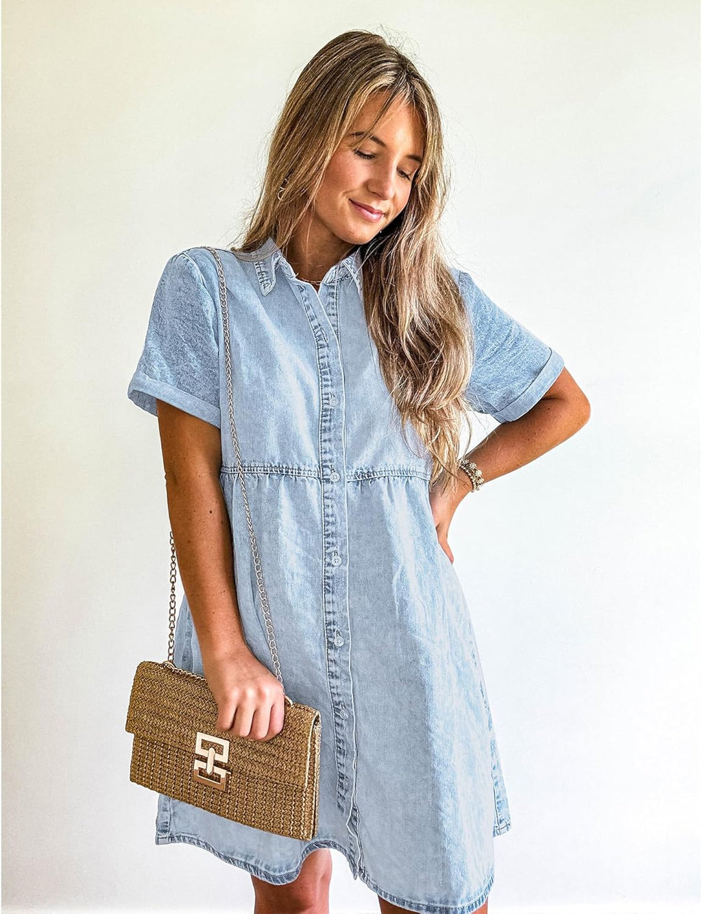 Vilma Vestido Mujer Denim – Babydoll, Botones, Mangas Cortas, Línea A Veraniego