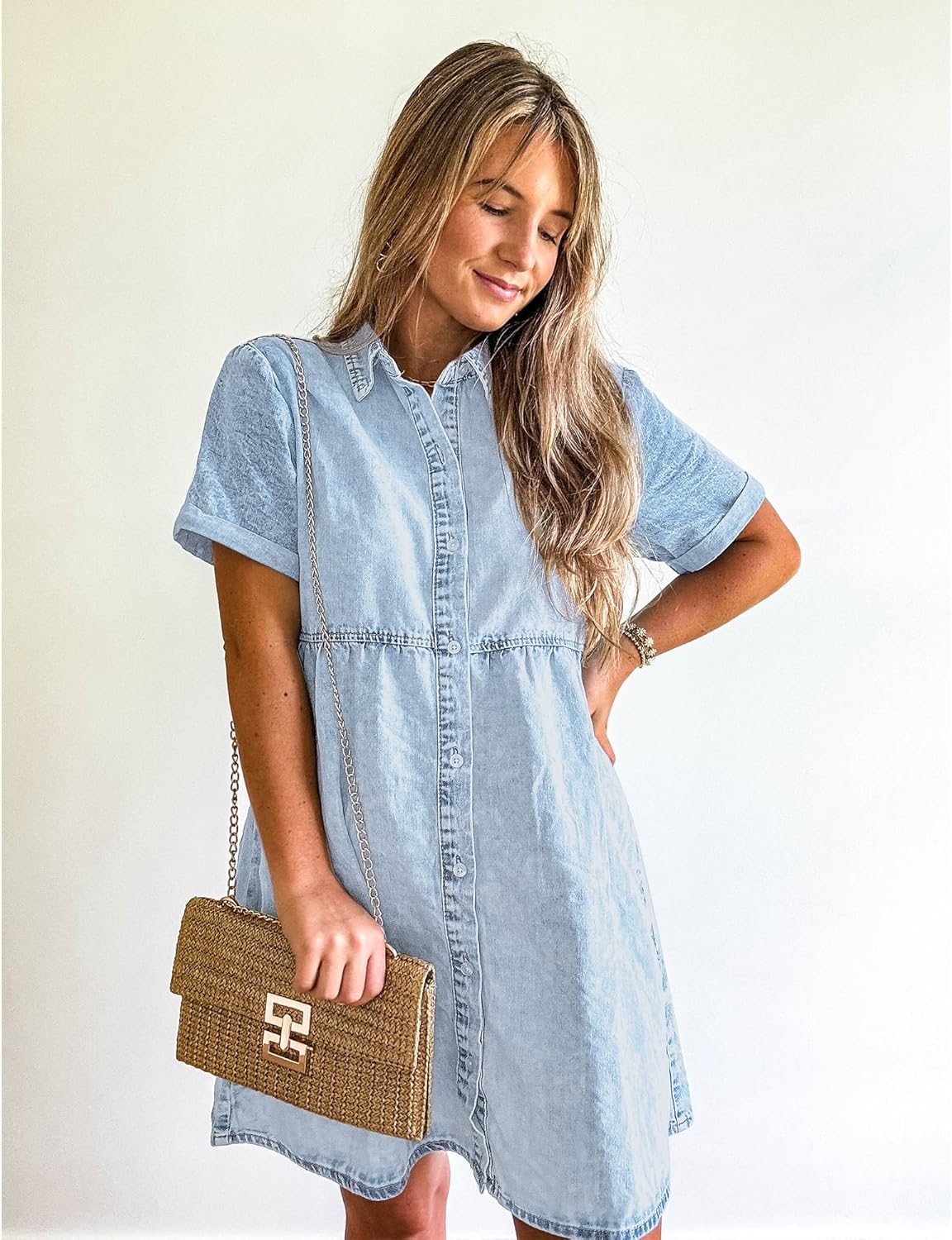 Vilma Vestido Mujer Denim – Babydoll, Botones, Mangas Cortas, Línea A Veraniego