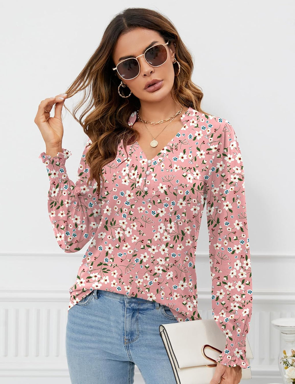 Beatrice Blusa Mujer – Escote en V, Mangas Largas Abullonadas, Túnica Elegante Casual