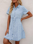 Vilma Vestido Mujer Denim – Babydoll, Botones, Mangas Cortas, Línea A Veraniego