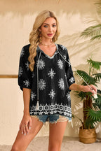 Alba Blusa Mujer – Boho Floral, Escote en V con Cordón, Mangas 3/4 Casual