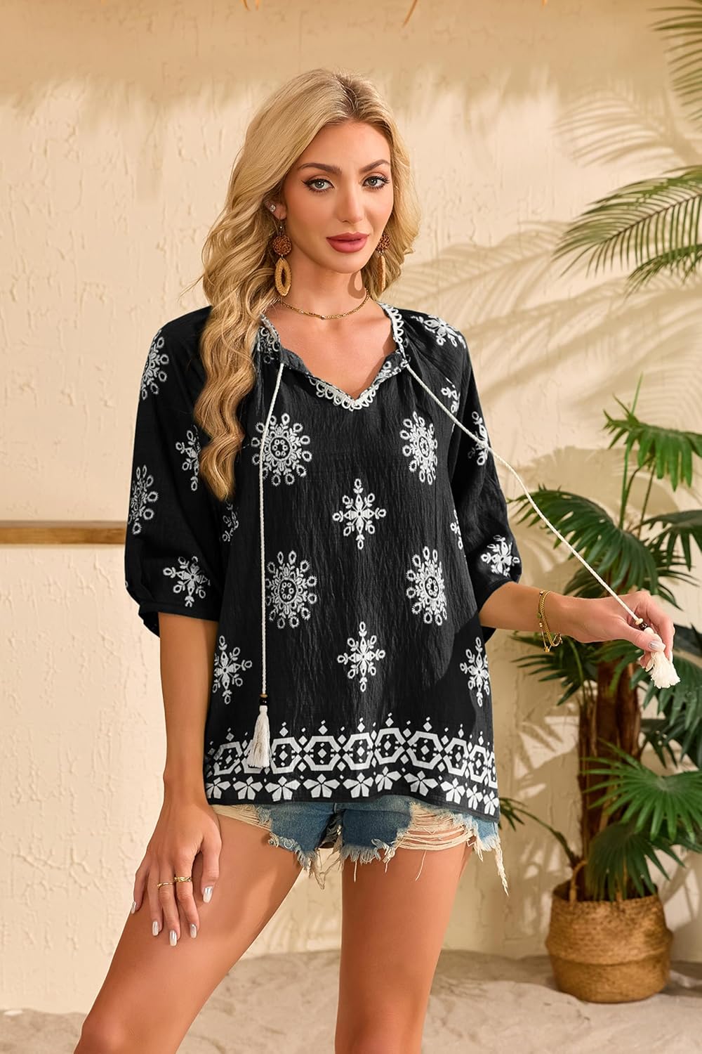 Alba Blusa Mujer – Boho Floral, Escote en V con Cordón, Mangas 3/4 Casual