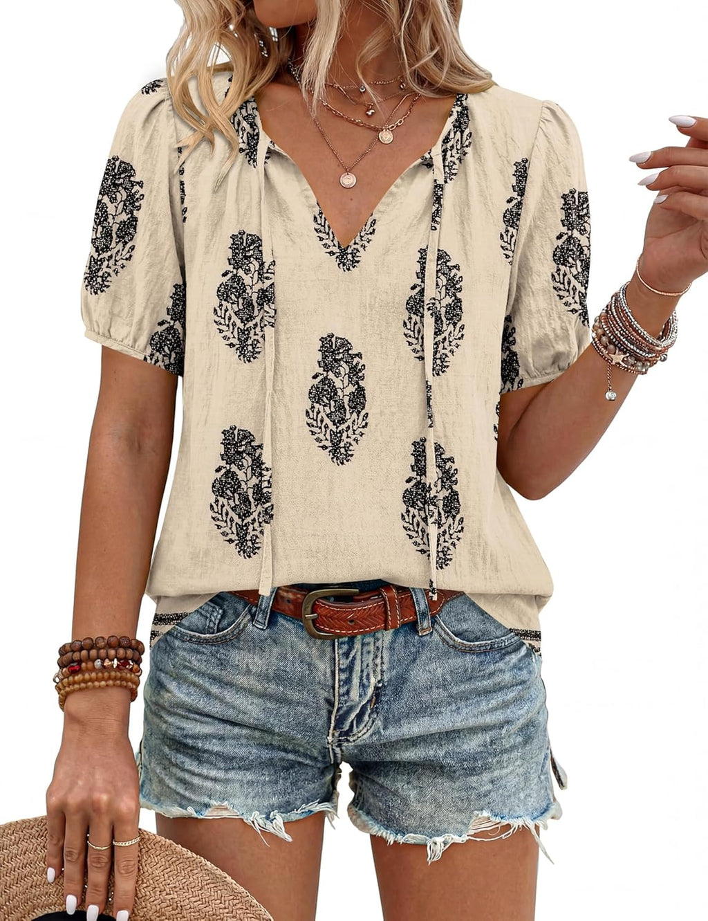 Francesca Blouse Femme Boho – Col en V avec Lien, Manches Bouffantes, Décontractée Fluide