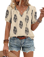 Francesca Blouse Femme Boho – Col en V avec Lien, Manches Bouffantes, Décontractée Fluide