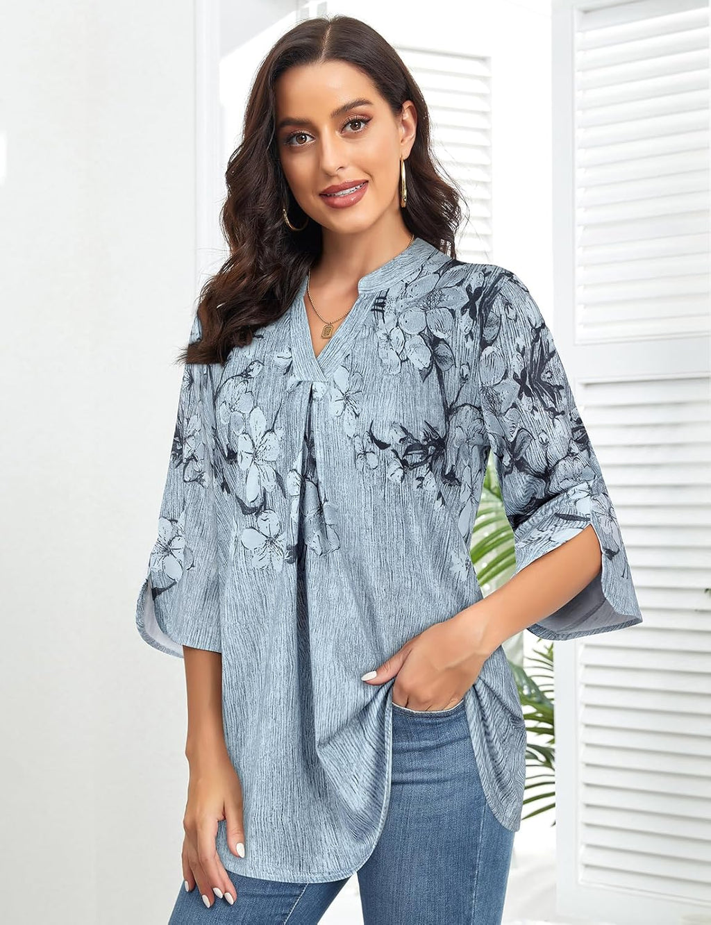 Martina Blouse Femme – Col en V, Manches 3/4, Tunique Florale Plissée Élégante