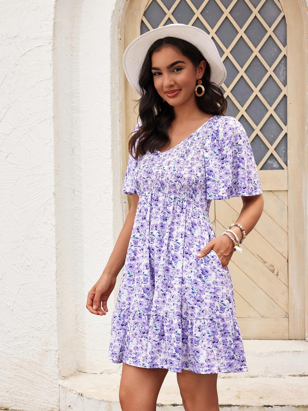 Robe Femme Martina Florale – Encolure V Smockée, Manches Volantées, Coupe A-Line Estivale