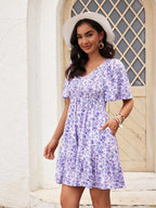 Robe Femme Martina Florale – Encolure V Smockée, Manches Volantées, Coupe A-Line Estivale