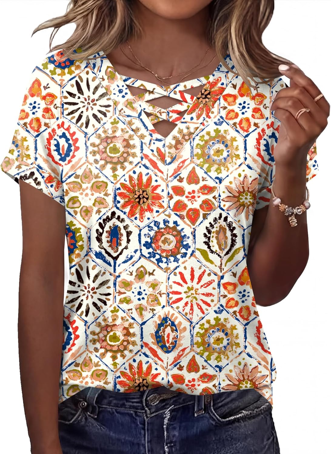 Francesca Pull Femme – Col en V Croisé, Manches Courtes, Casual Élégant