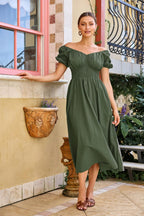 Chiara Vestido Mujer Maxi Algodón – Escote en V, Mangas Abullonadas, Línea A Elegante