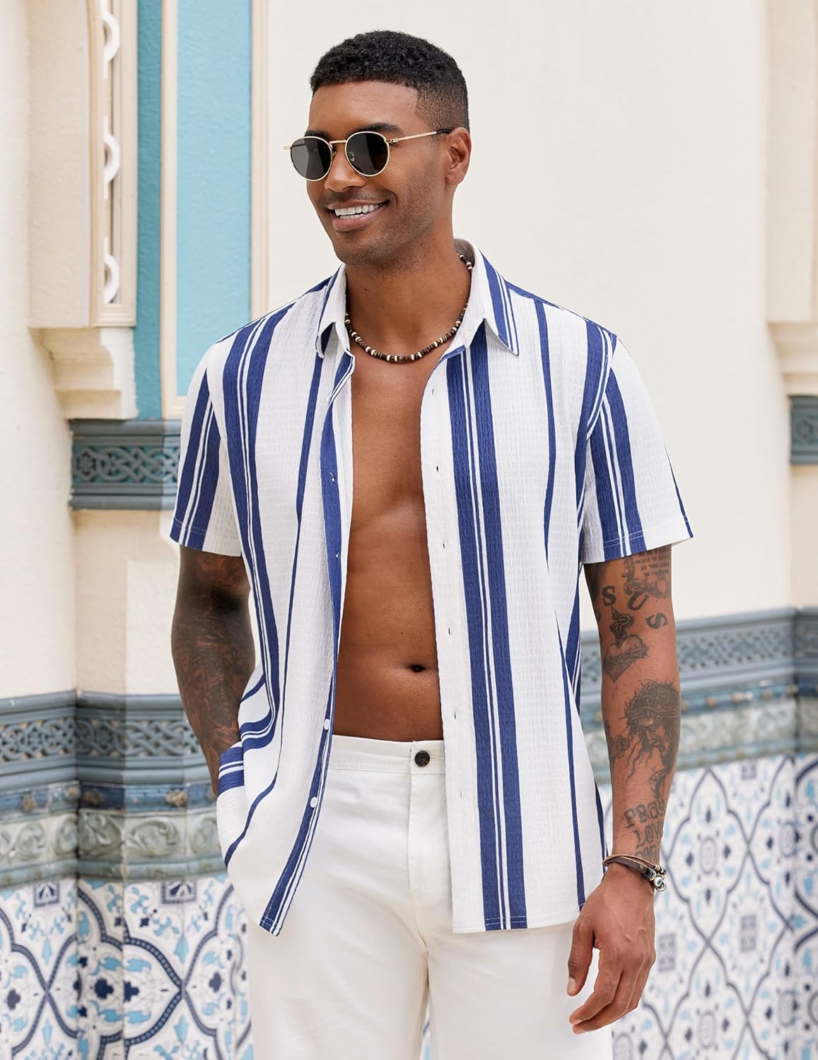 Camisa de hombre a rayas – Camisa de verano texturizada de manga corta