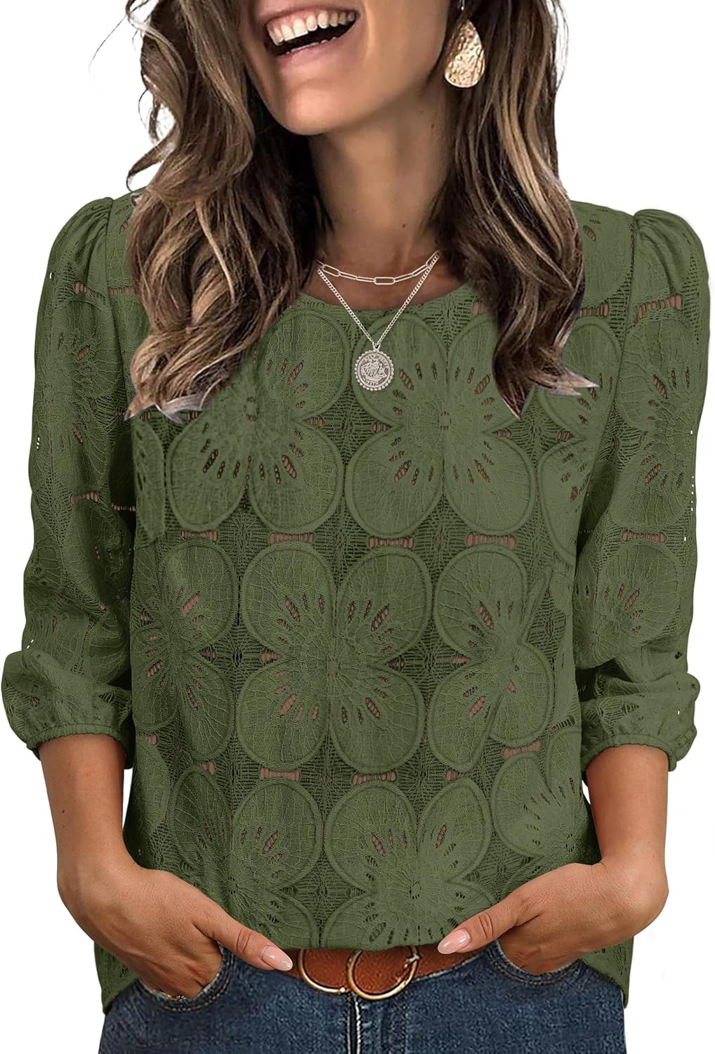Magdalene Blusa Donna Encaje Sangallo – Mangas 3/4, Top Elegante Casual de Verano