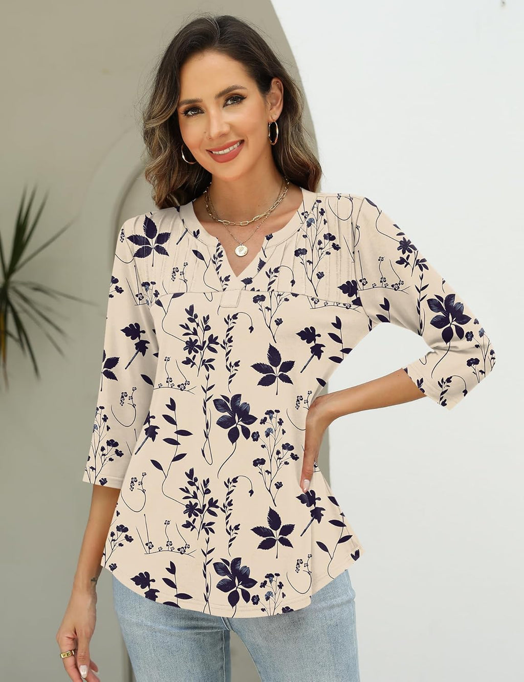 Sofia Blusa Donna – Scollo V, Maniche 3/4, Tunica Plissettata Elegante Casual