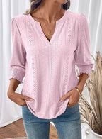 Laura Blouse Femme – Col en V, Manches 3/4 Ajourées, Top Casual Élégant
