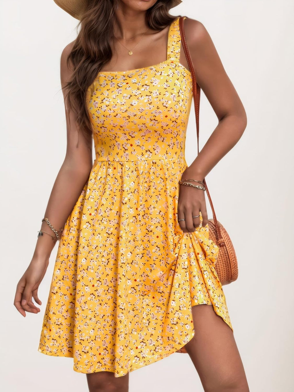 Macy Robe Femme Florale Midi – Encolure Carrée, Coupe Évasée, Poches Été