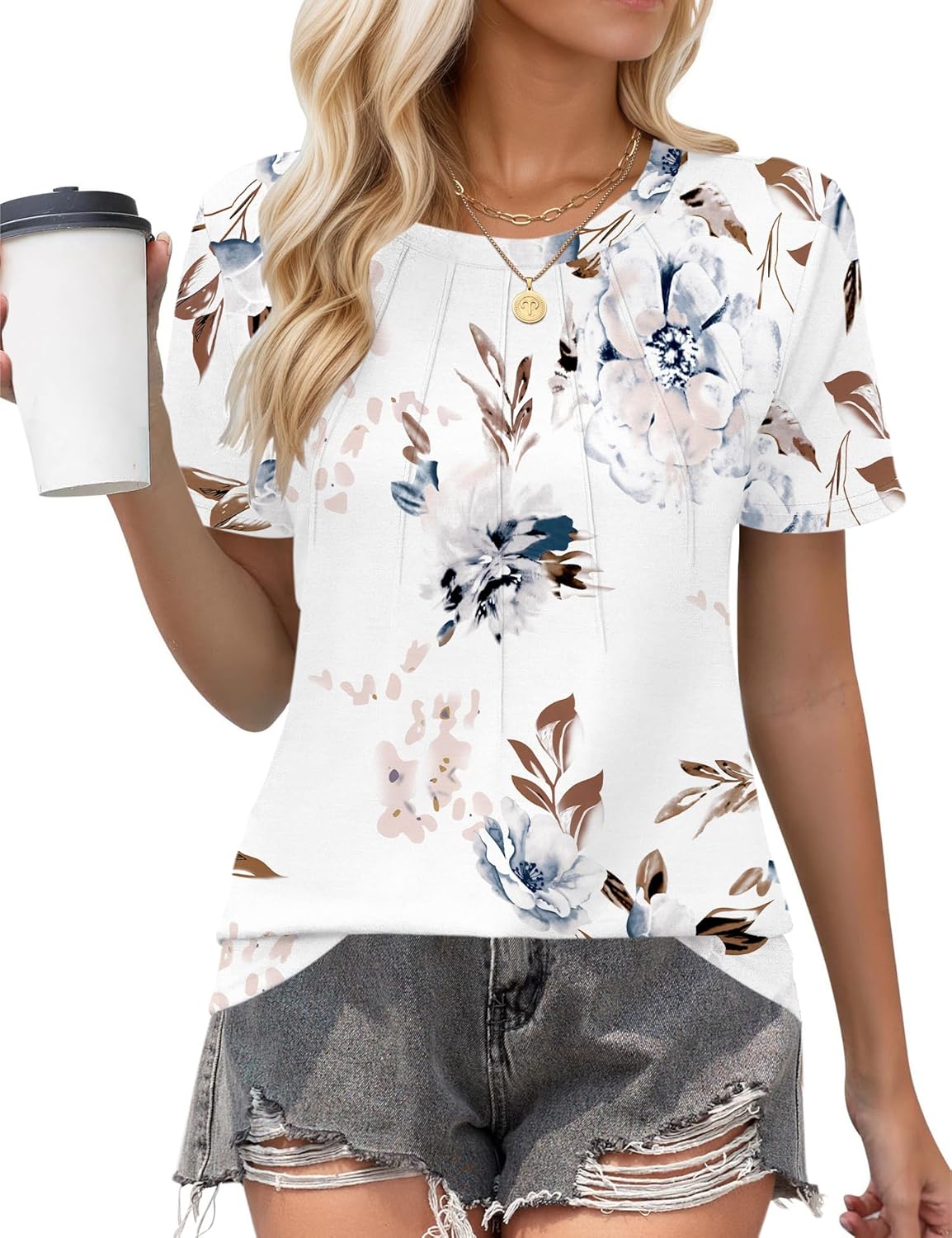 T-shirt Laura Femme – Col Rond, Manches Courtes, Design Plissé Décontracté