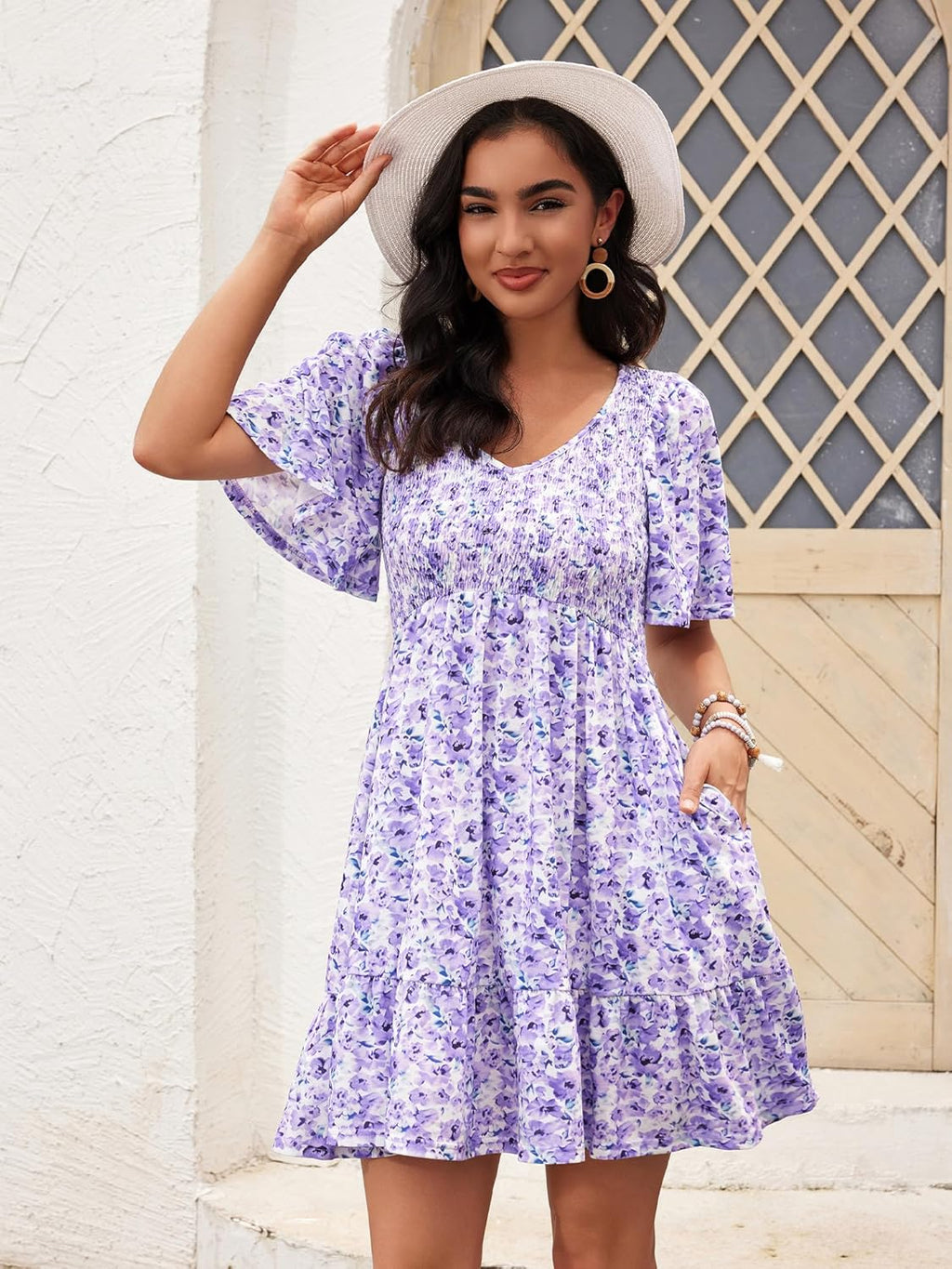 Robe Femme Martina Florale – Encolure V Smockée, Manches Volantées, Coupe A-Line Estivale
