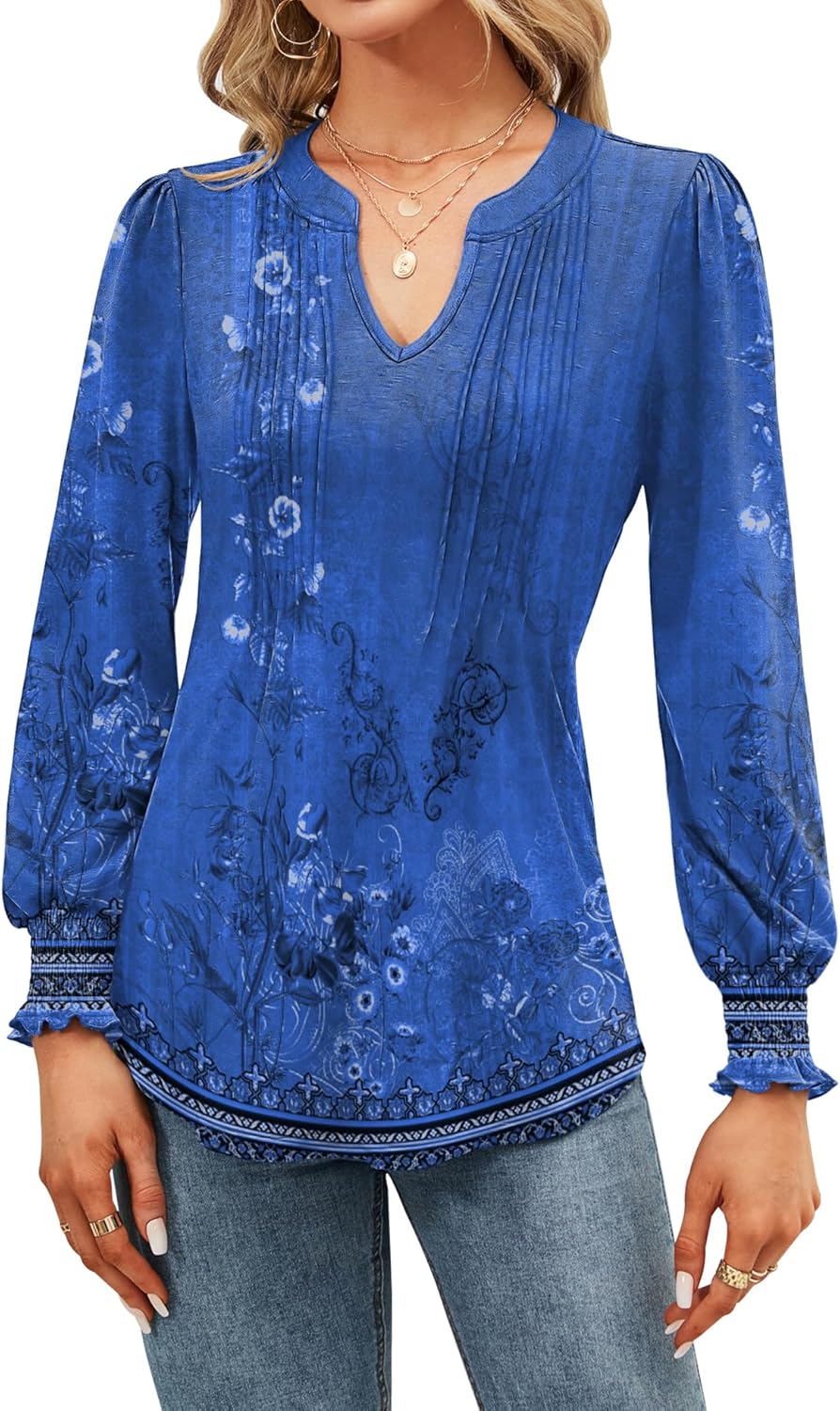 Francesca Blouse Femme – Col en V, Manches Bouffantes, Tunique Florale Décontractée