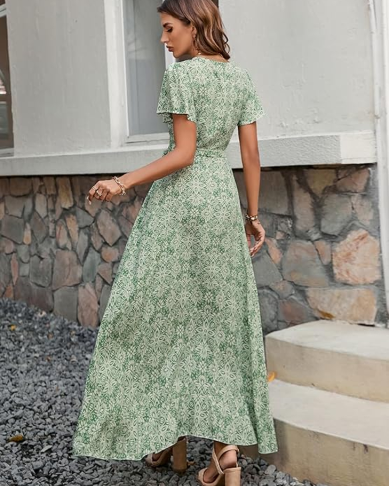 Charlotte Women’s Midi Dress – Viscose, V-Neck, Ruffles & Belt