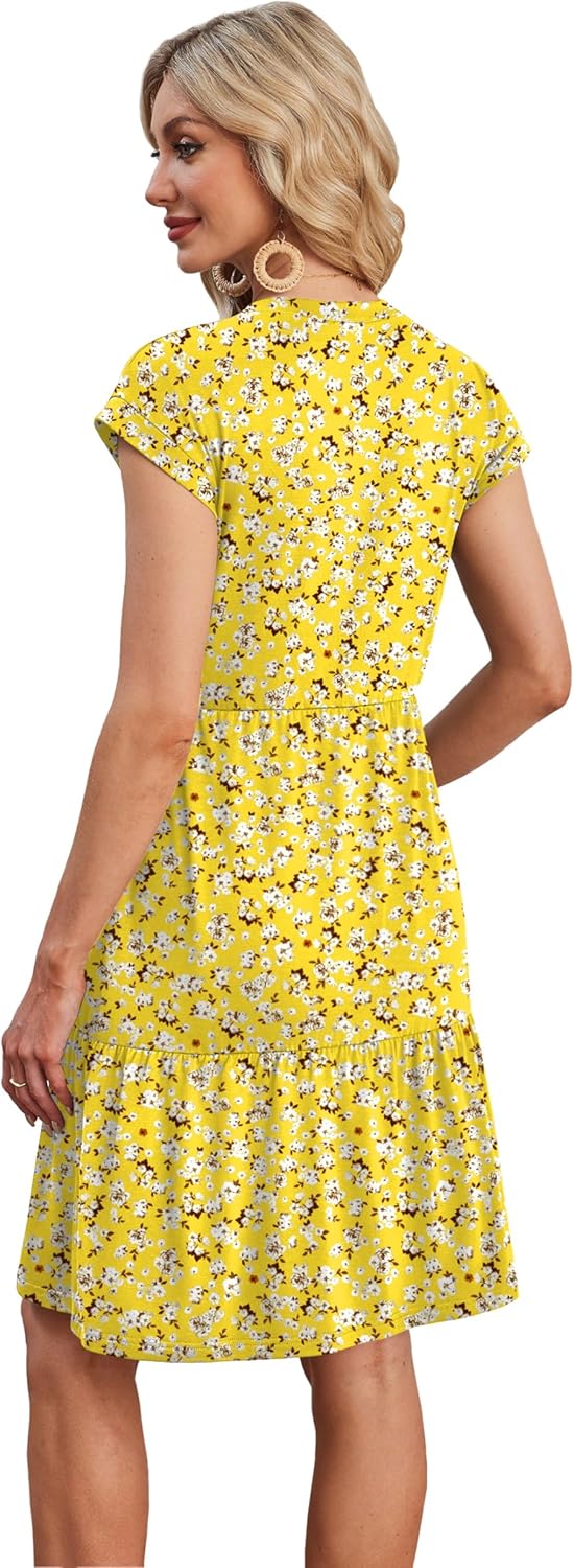 Marjorie Robe Femme Florale – Manches Courtes, À Volants, Coupe Évasée, Poches Été