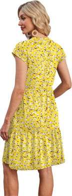 Marjorie Robe Femme Florale – Manches Courtes, À Volants, Coupe Évasée, Poches Été