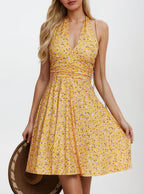 Robe femme Ludy à col halter floral – en V, dos nu, poches, estivale