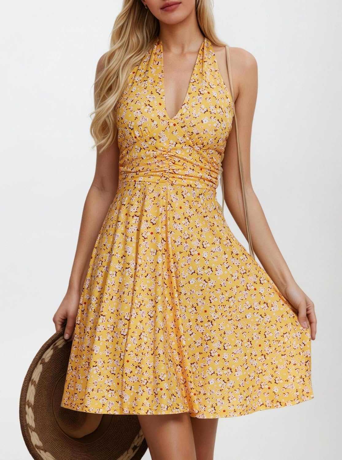 Robe femme Ludy à col halter floral – en V, dos nu, poches, estivale