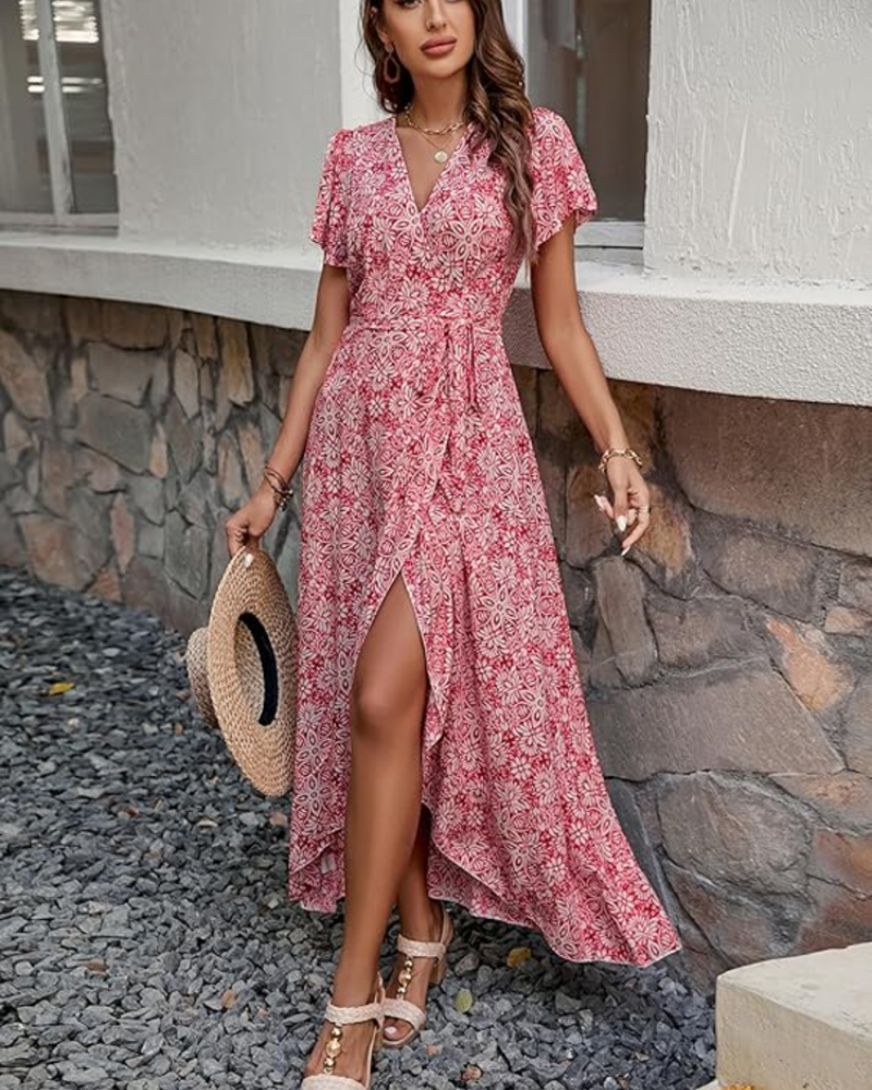 Charlotte Damen-Midikleid – Viskose, V-Ausschnitt, Volants & Gürtel