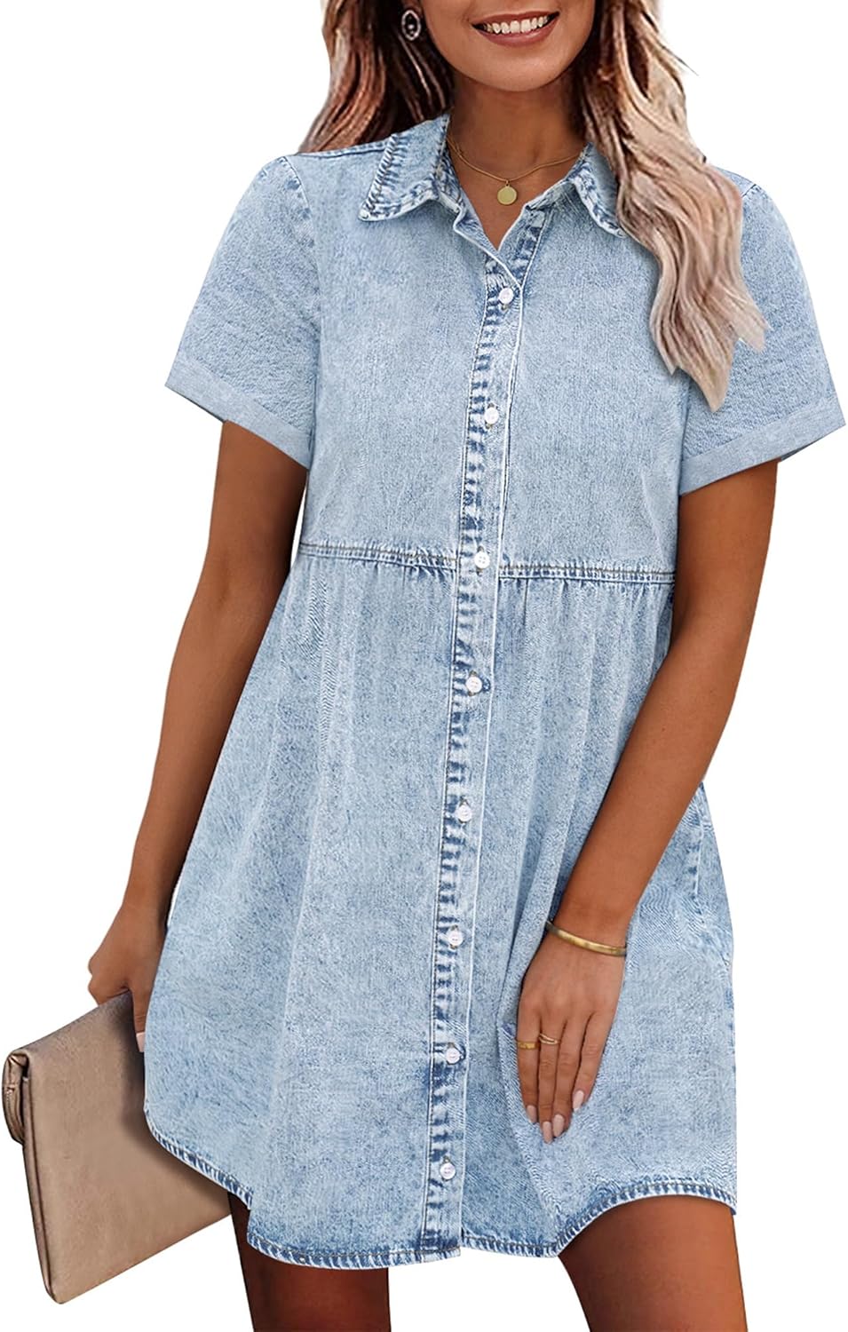 Vilma Vestido Mujer Denim – Babydoll, Botones, Mangas Cortas, Línea A Veraniego