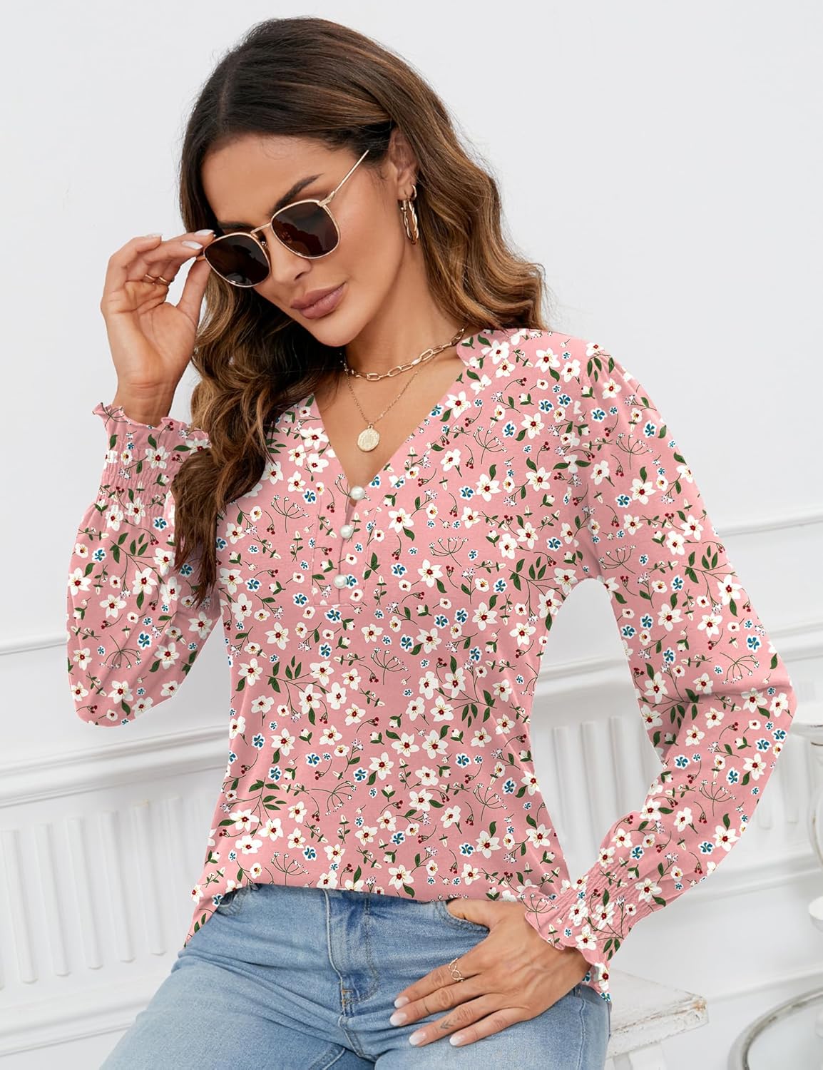 Beatrice Blusa Mujer – Escote en V, Mangas Largas Abullonadas, Túnica Elegante Casual