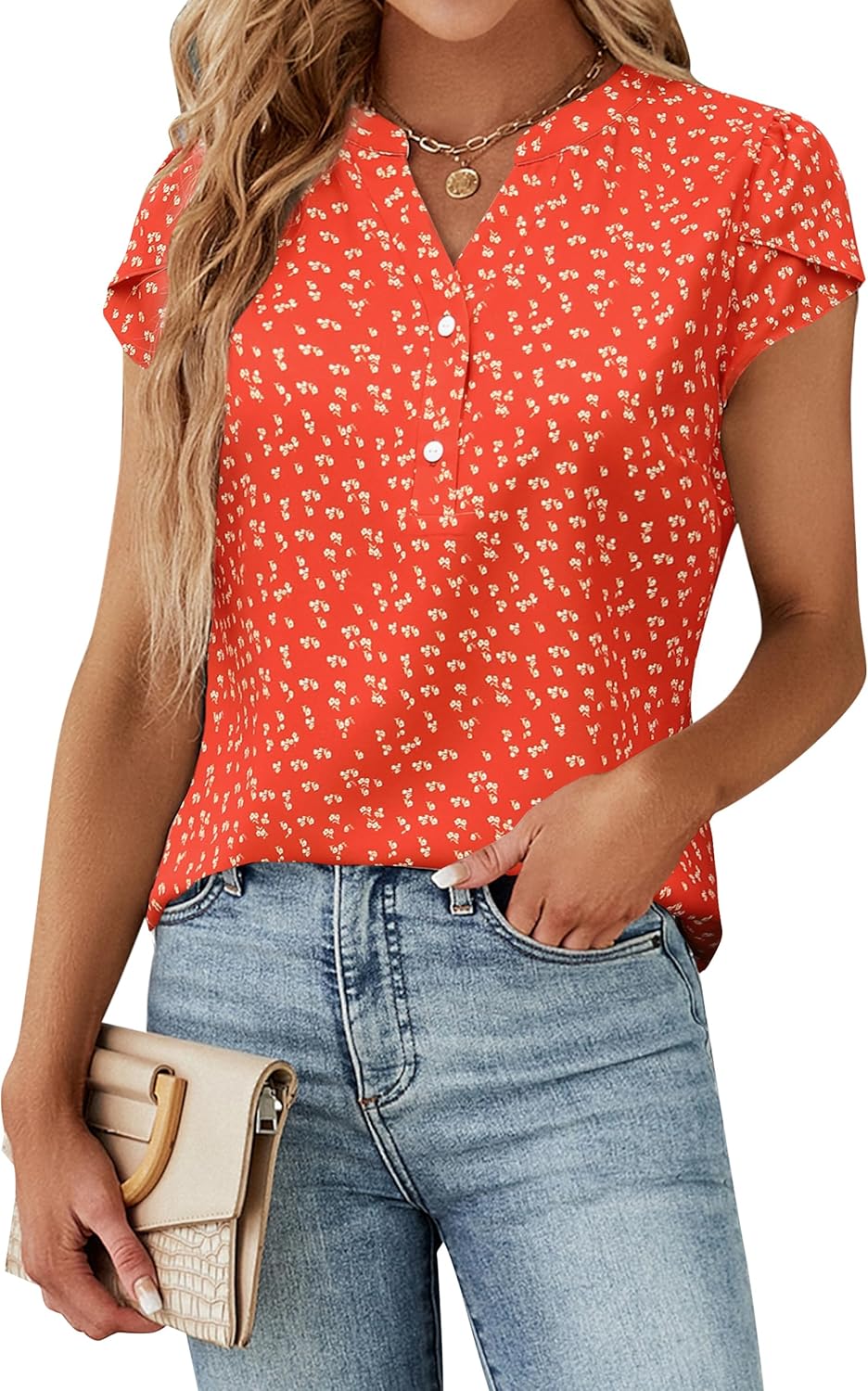 Beatrice Blouse Femme Élégante – Col en V, Boutons, Manches Courtes, Chic Décontracté