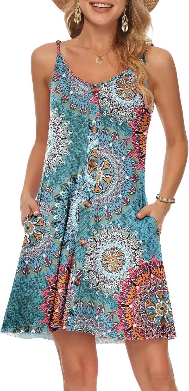 Robe d'été courte Luna pour femme – bretelles, décolleté en V, poches, robe décontractée chic