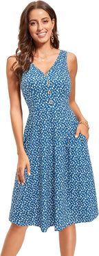Melany Robe Femme Midi Florale – Col V, Sans Manches, Poches Été