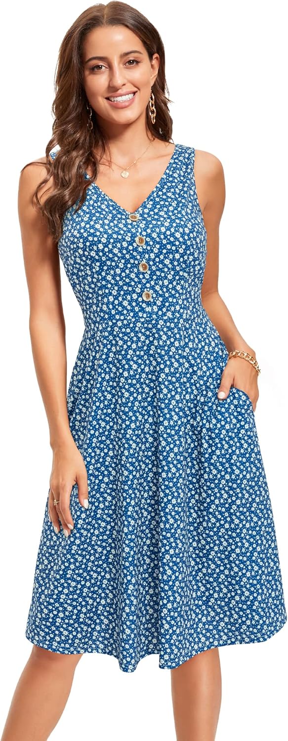 Melany Robe Femme Midi Florale – Col V, Sans Manches, Poches Été
