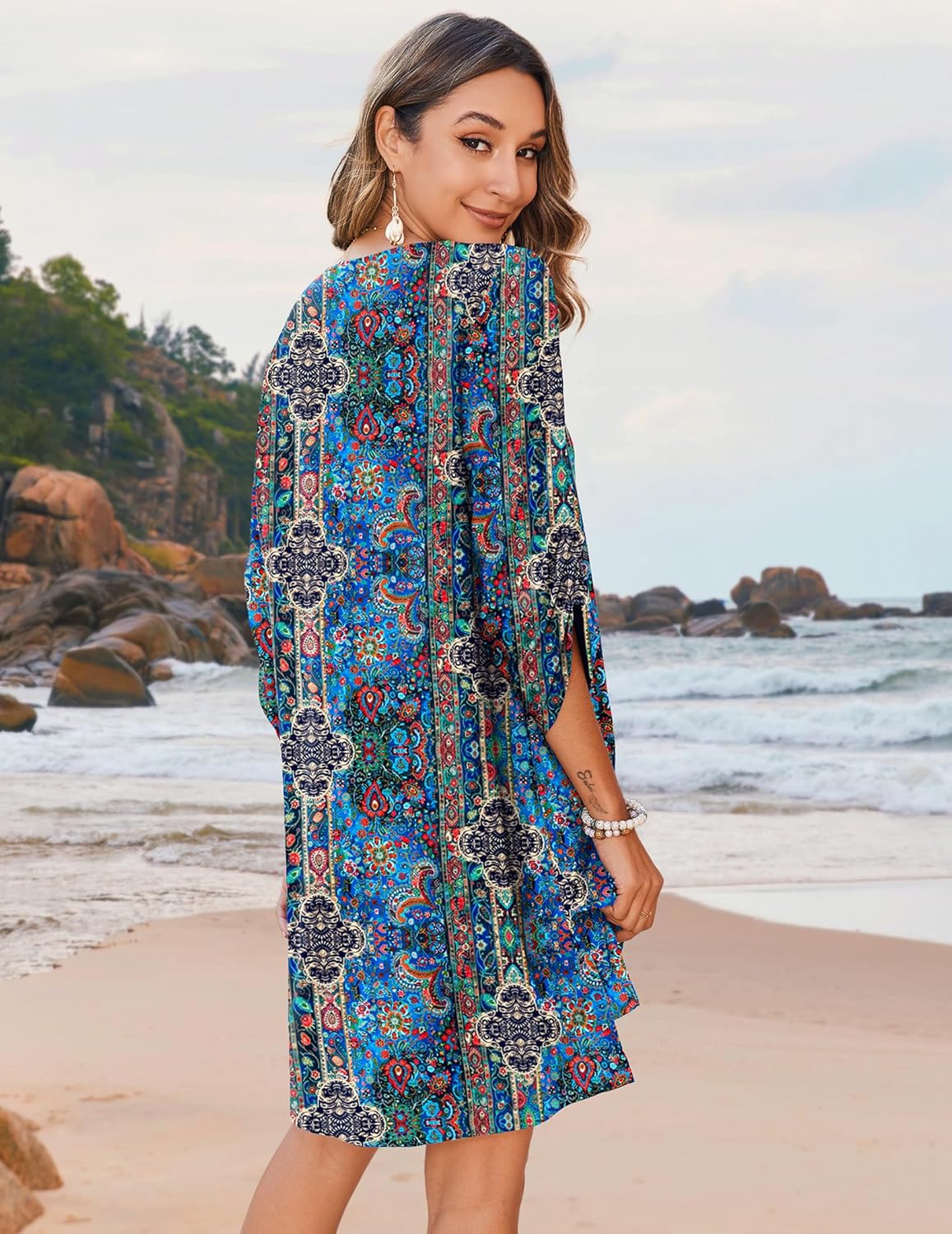 Bianca Robe Femme – Tunique Bohème Florale, Col en V, Manches 3/4 Décontractées