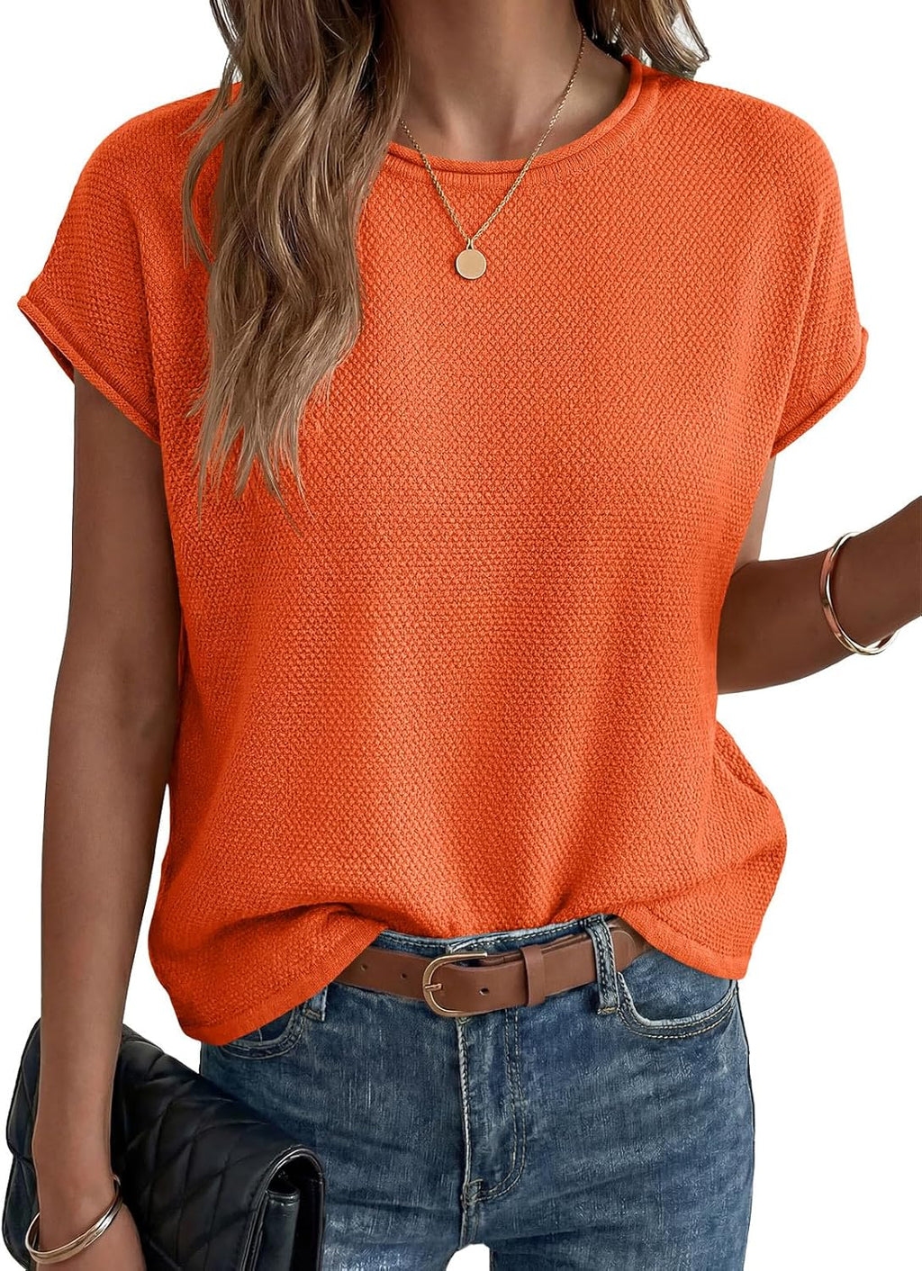 Alessia Suéter Mujer Punto Waffle – Mangas Cortas, Cuello Redondo, Casual Oversize
