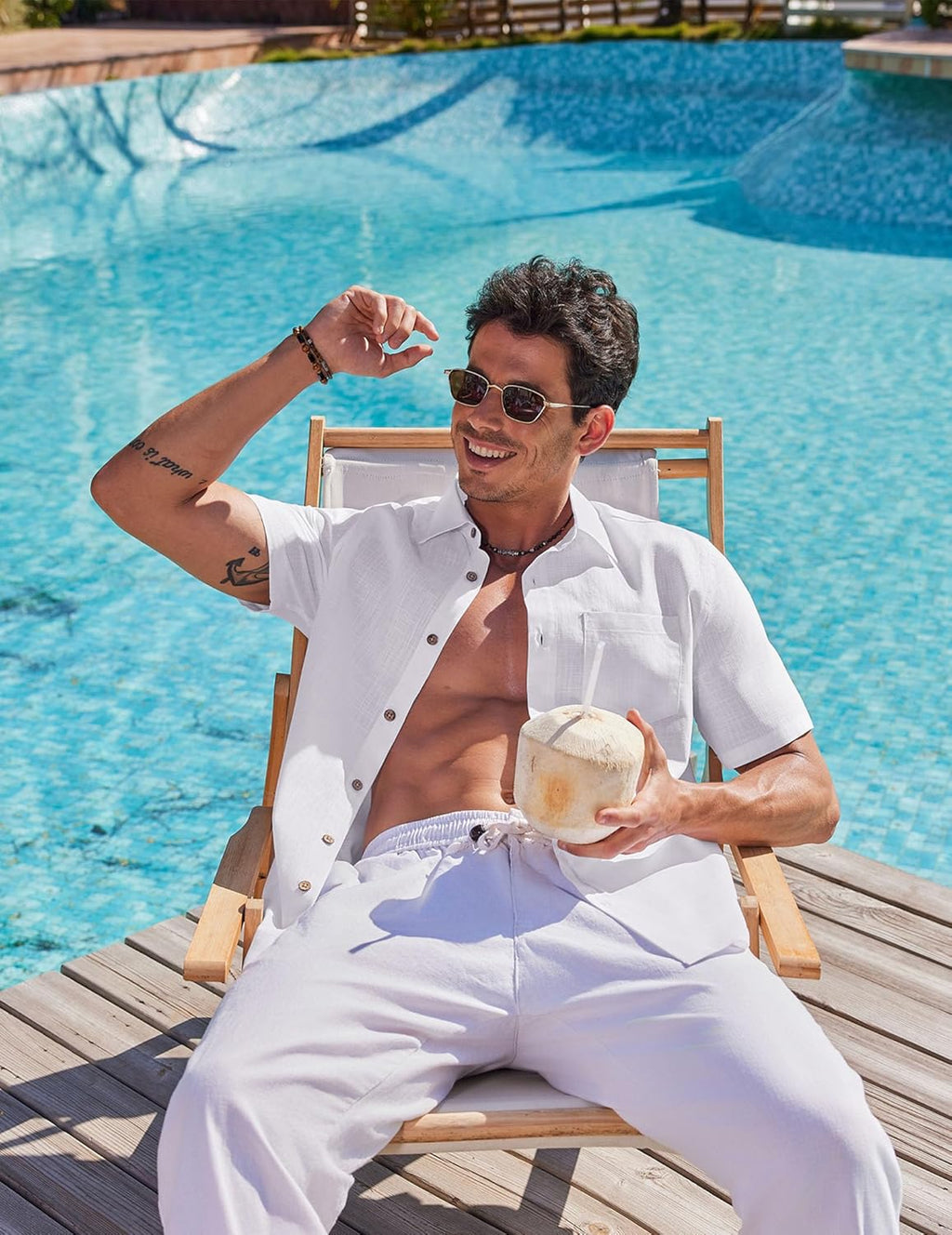 Damian Chemise d'été pour homme – Chemise en coton texturé avec poche poitrine et boutons