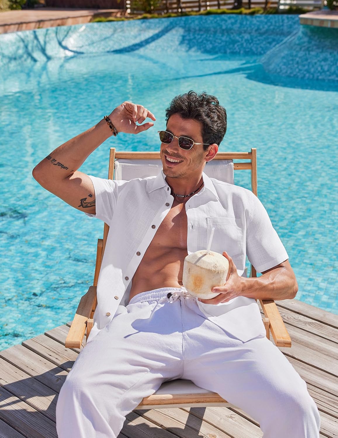 Damian Chemise d'été pour homme – Chemise en coton texturé avec poche poitrine et boutons