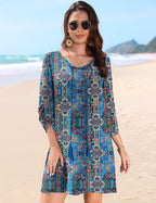 Bianca Robe Femme – Tunique Bohème Florale, Col en V, Manches 3/4 Décontractées