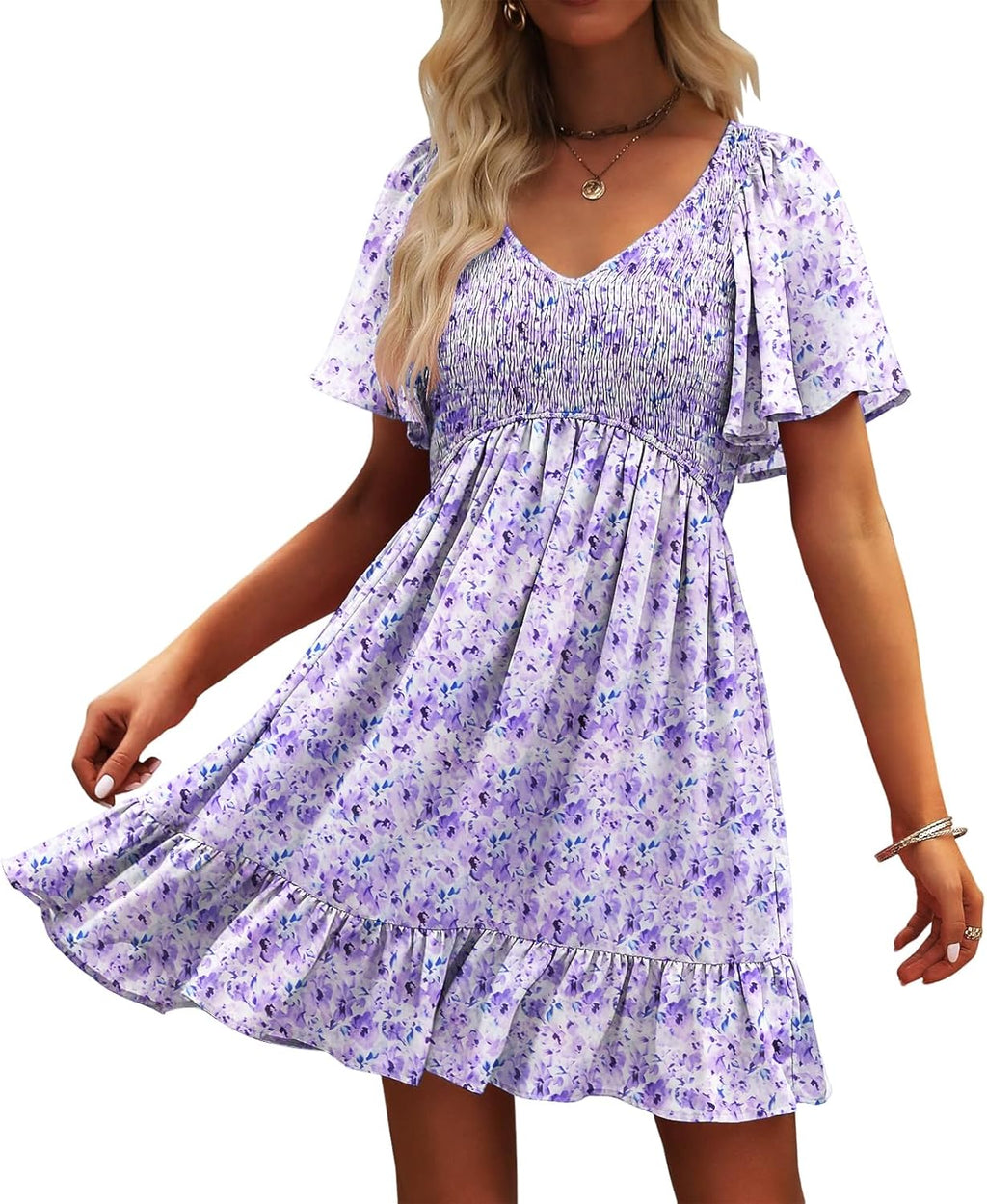 Robe Femme Martina Florale – Encolure V Smockée, Manches Volantées, Coupe A-Line Estivale