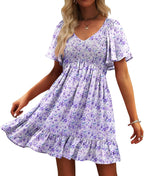 Robe Femme Martina Florale – Encolure V Smockée, Manches Volantées, Coupe A-Line Estivale