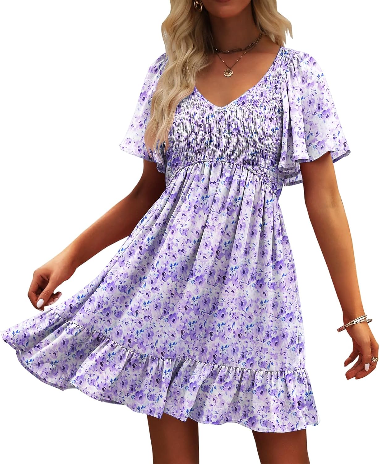 Robe Femme Martina Florale – Encolure V Smockée, Manches Volantées, Coupe A-Line Estivale