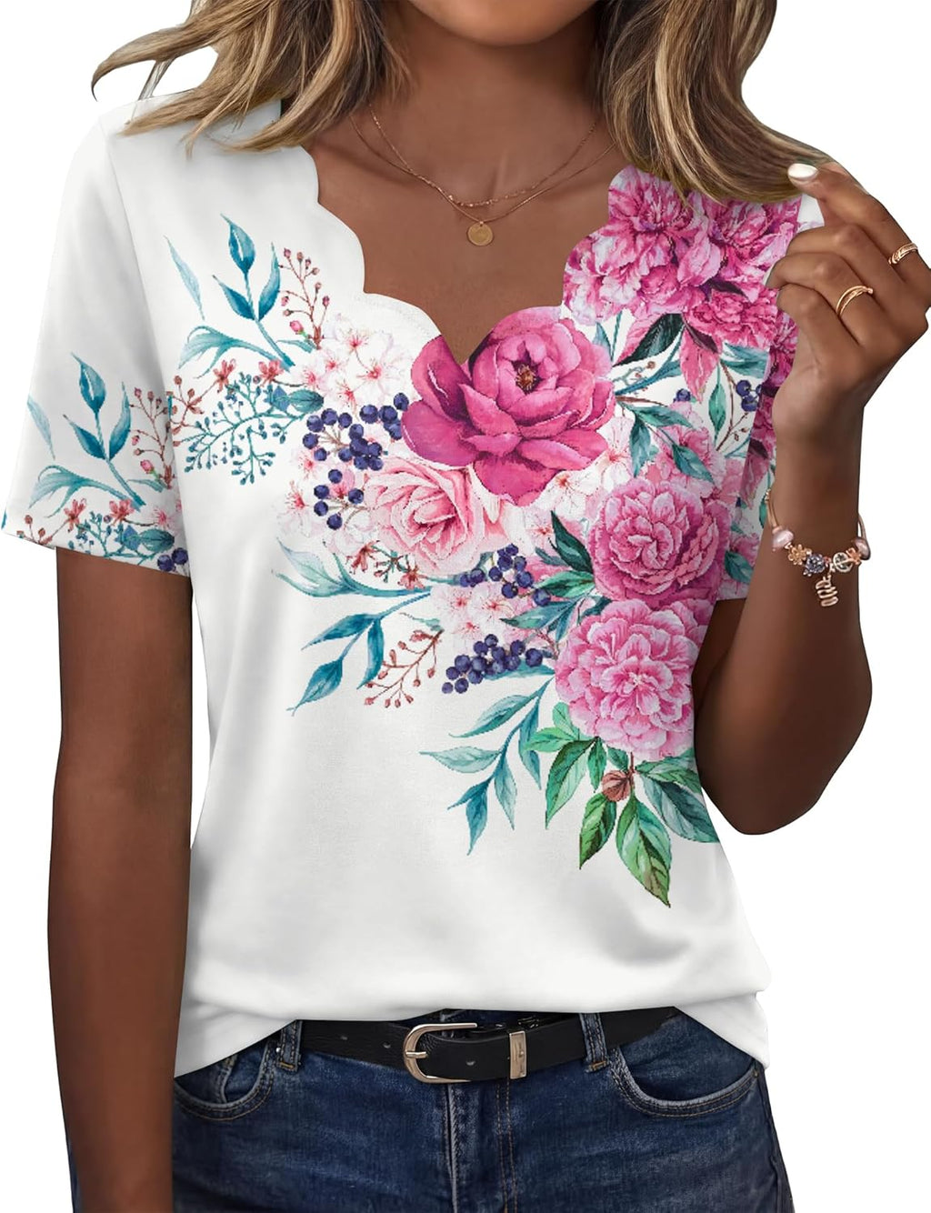 Top Sofia Femme – Col en V Ondulé, T-shirt Casual Élégant à Manches Courtes