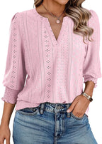 Laura Blouse Femme – Col en V, Manches 3/4 Ajourées, Top Casual Élégant