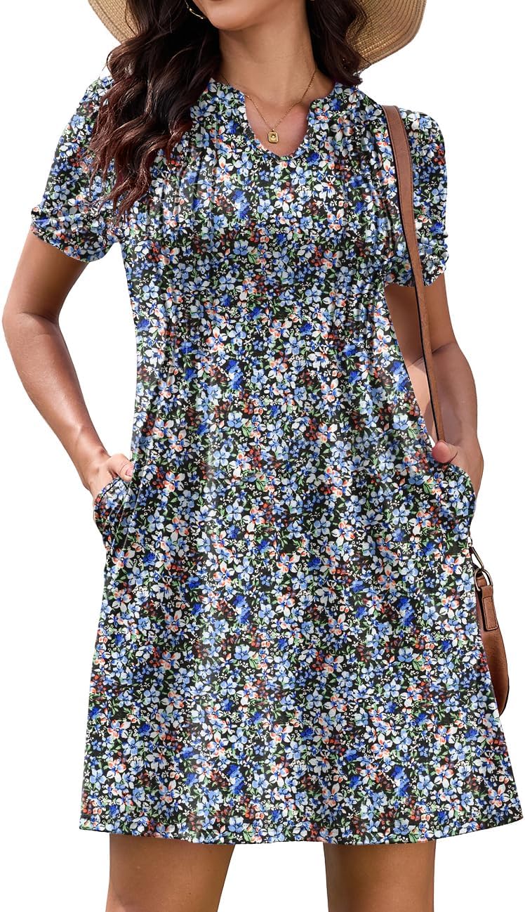 Elena Robe Femme T-shirt – Robe Col en V Manches Courtes Poches Décontractée d'Été