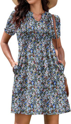 Elena Robe Femme T-shirt – Robe Col en V Manches Courtes Poches Décontractée d'Été